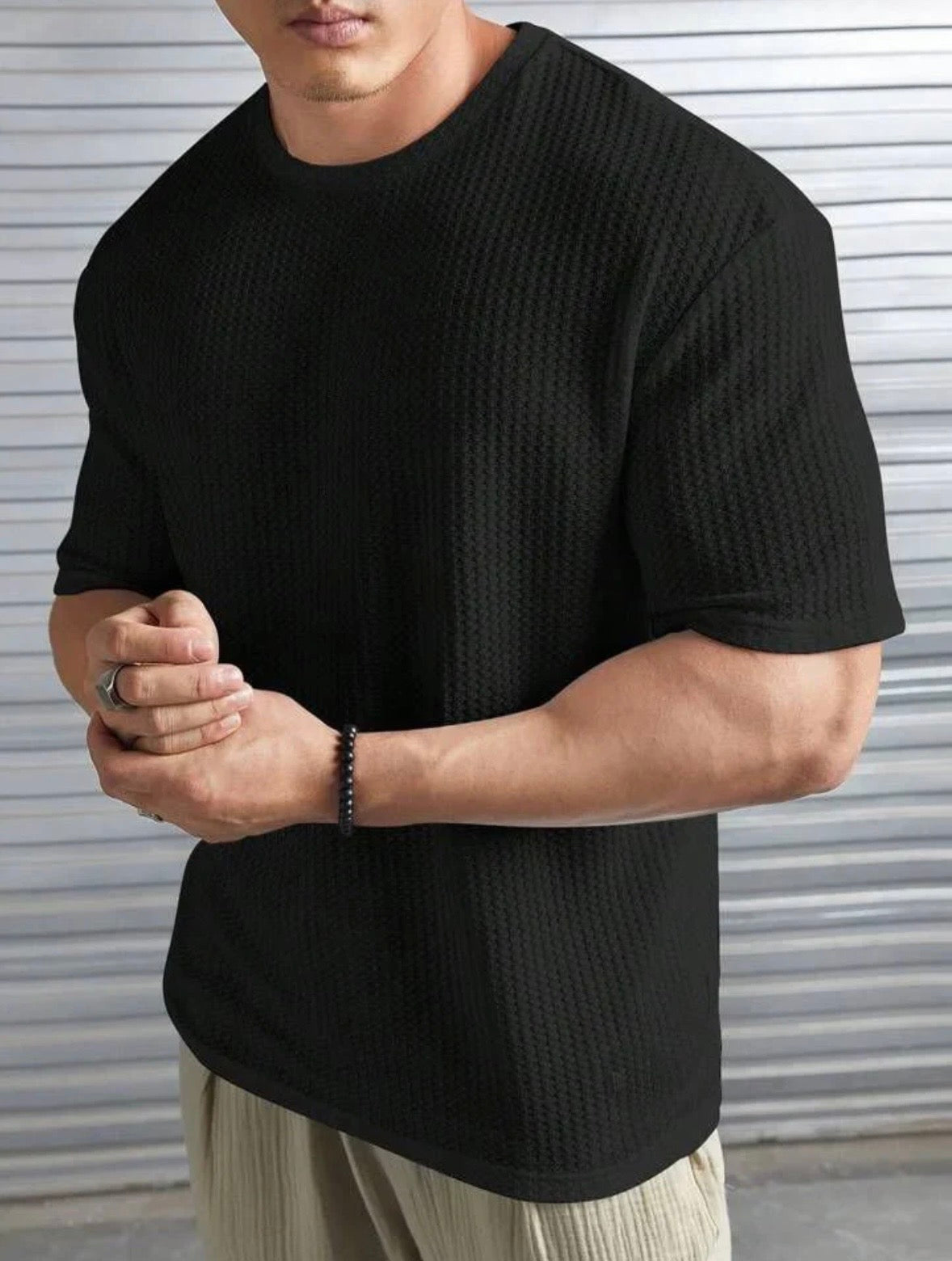 BLACK– Waffle Knit Tees For Mens And Boys