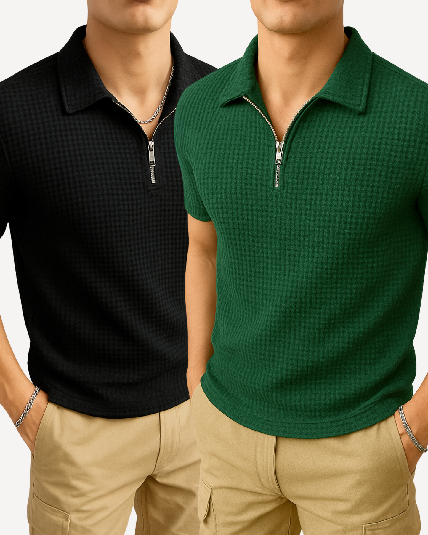 Pack of 2 – Waffle Knit Zipper Polo - Black and Green