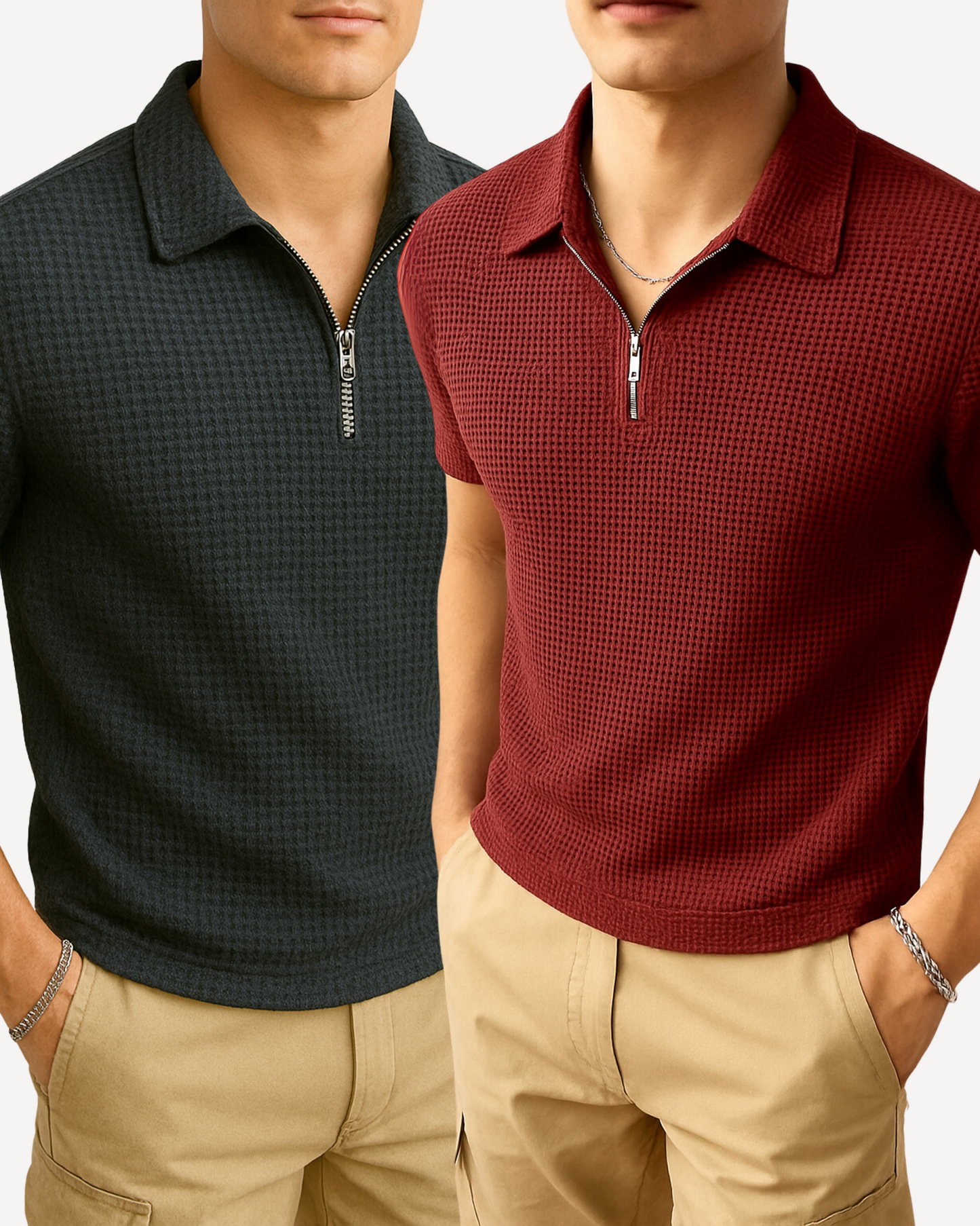 Pack of 2 – Waffle Knit Zipper Polo - Maroon and Charcoal