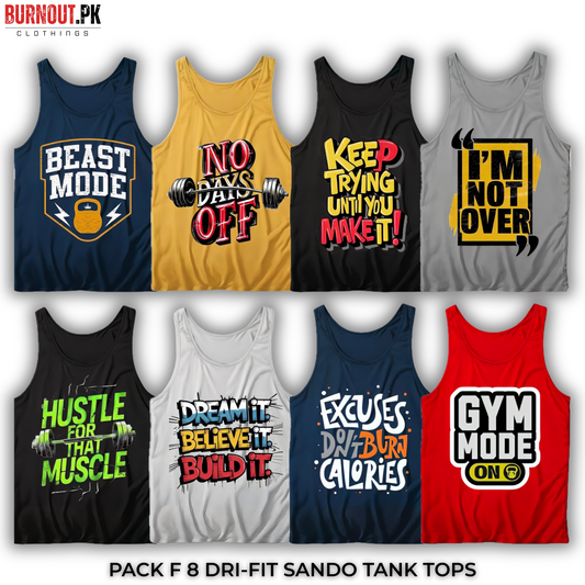 Pack of 8 Printed Gym Sando Tanks
