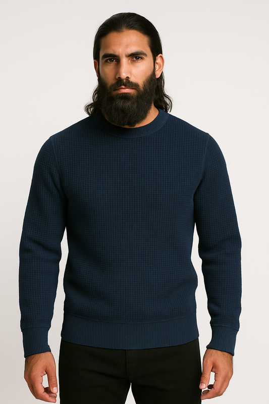 Navy Blue Waffle-Knitted Sweatshirt