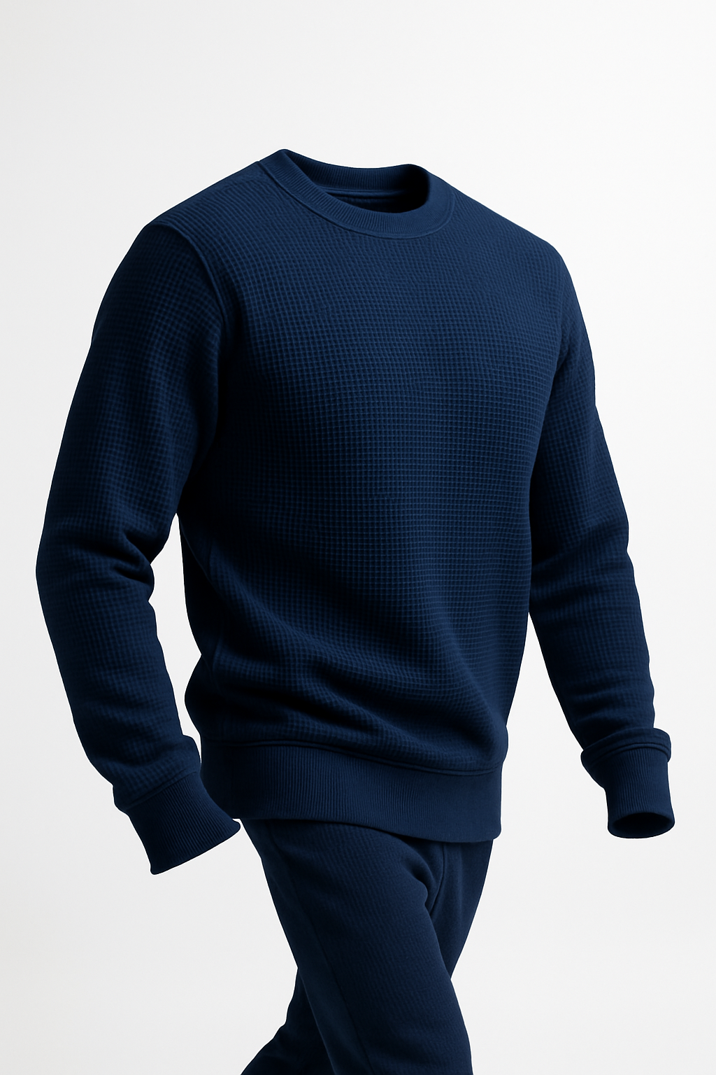 Navy Blue Waffle-Knitted Sweatshirt