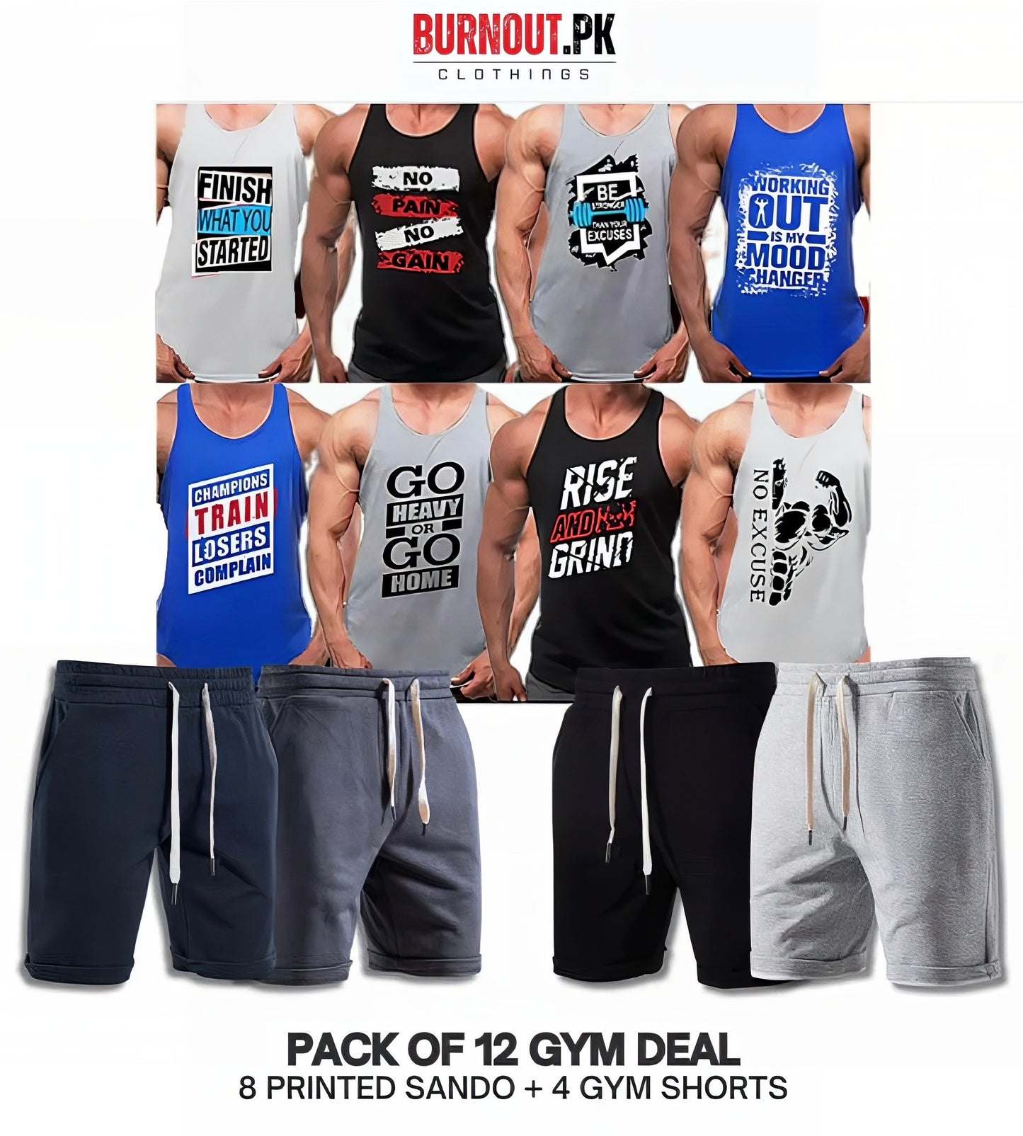 Pack of 12 Deal (8 Printed Sando Tanks & 4 Shorts)