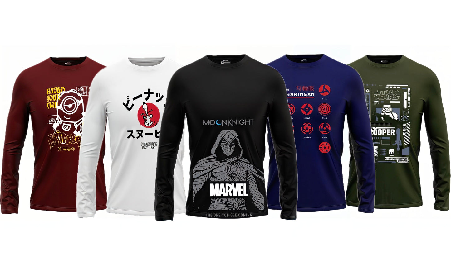 Pack of 5 Round Neck Full Sleeves Printed T-shirts