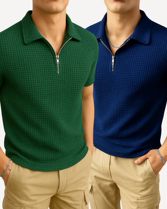 Pack of 2 – Waffle Knit Zipper Polo - Green and Navy Blue