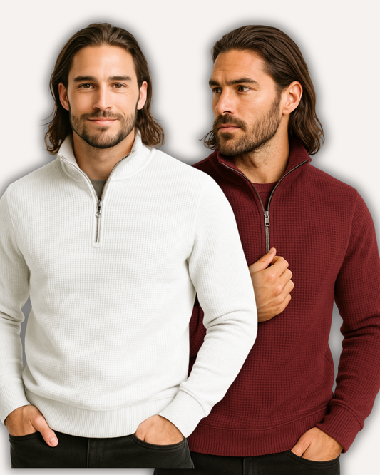 Pack of 2 White & Maroon WaffleZip Mocknecks