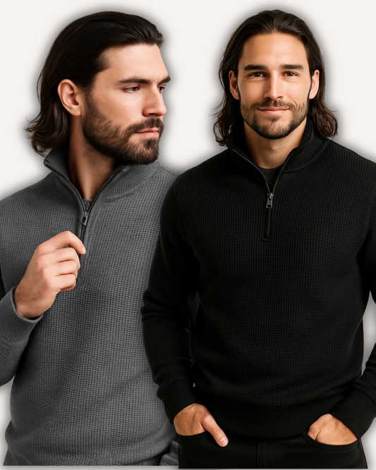 Pack of 2 Black & Charcoal WaffleZip Mocknecks