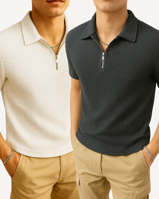 Pack of 2 – Waffle Knit Zipper Polo - White and Charcoal