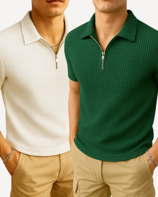 Pack of 2 – Waffle Knit Zipper Polo - White and Green