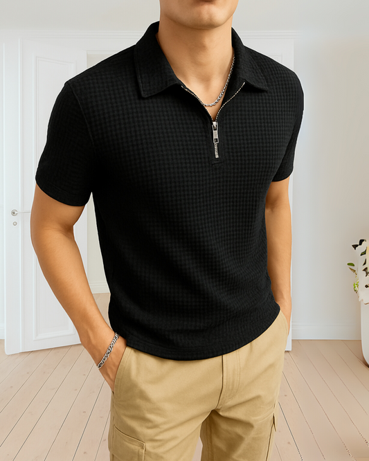 Waffle Knit Zipper Polo T-Shirt - Black