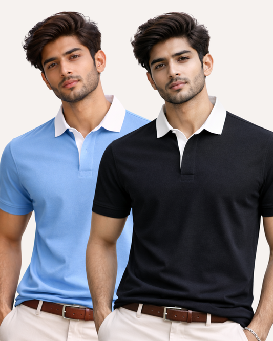 Pack of 2 Two Tone Johnny Collar Polos