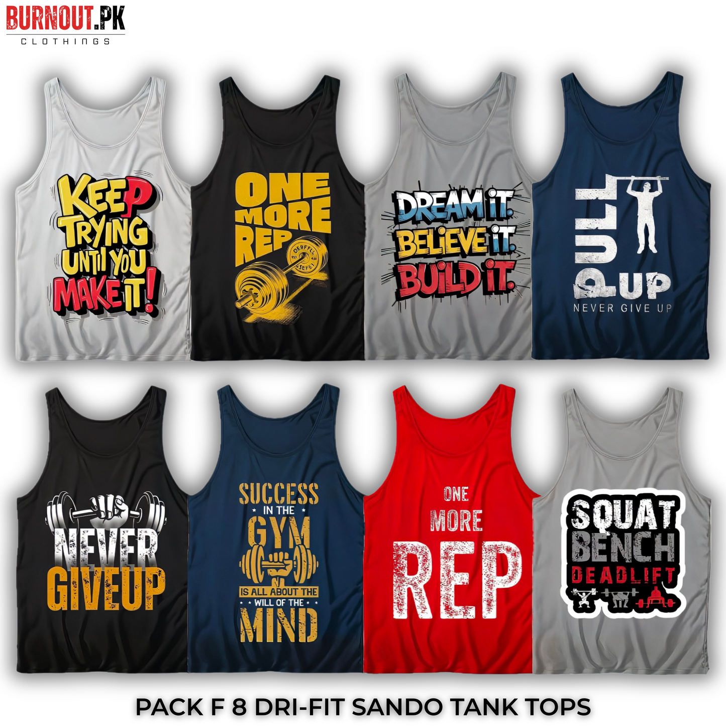 Pack of 8 Printed Gym Sando Tanks