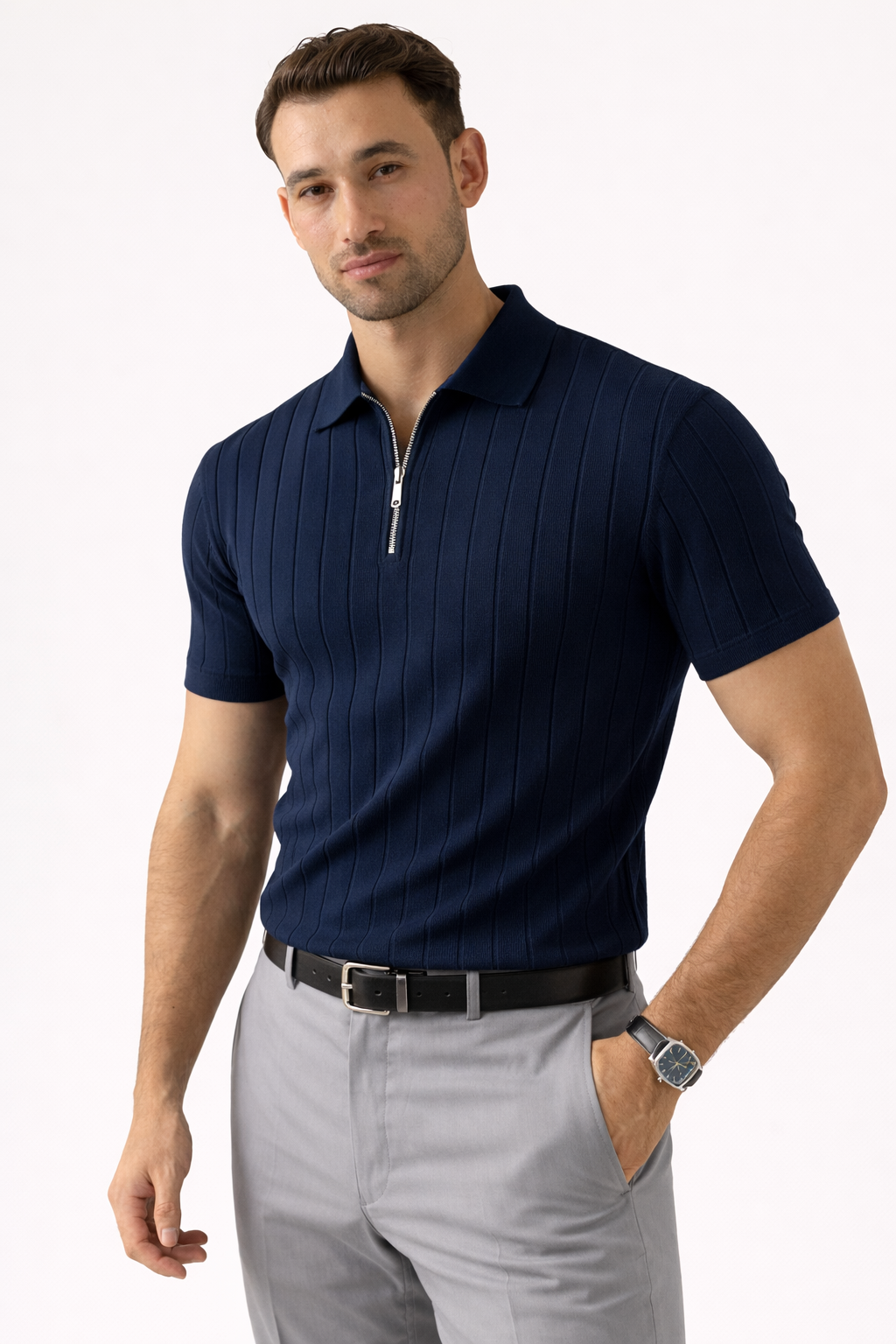 Navy Blue - Drop Needle Zipper Polo