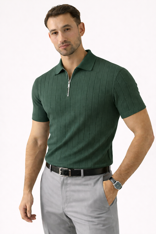 Green - Drop Needle Zipper Polo