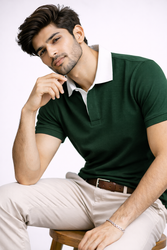 Green - Two Tone Johnny Collar Polo