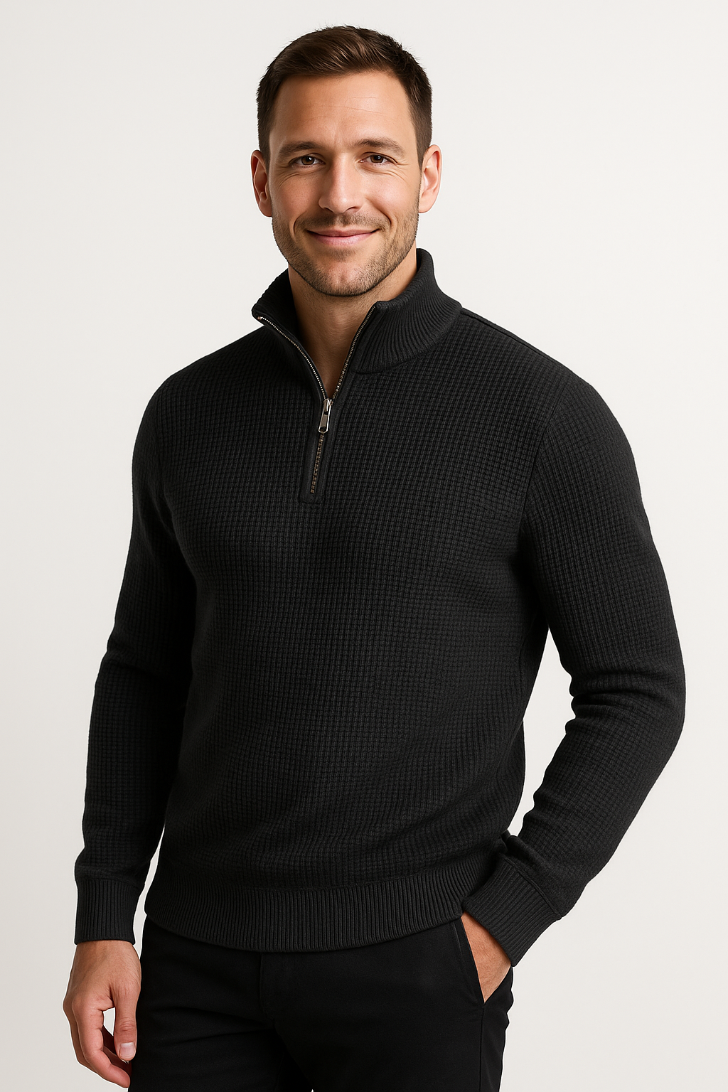 Pack of 2 Black & Charcoal WaffleZip Mocknecks