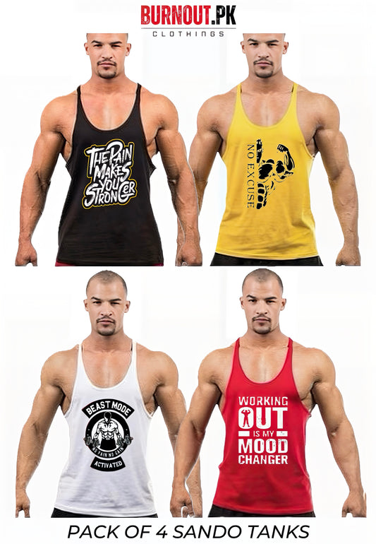 Pack of 4 Printed gym sando tanks