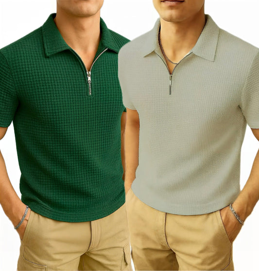 Pack of 2 – Waffle Knit Zipper Polo - Grey and Green