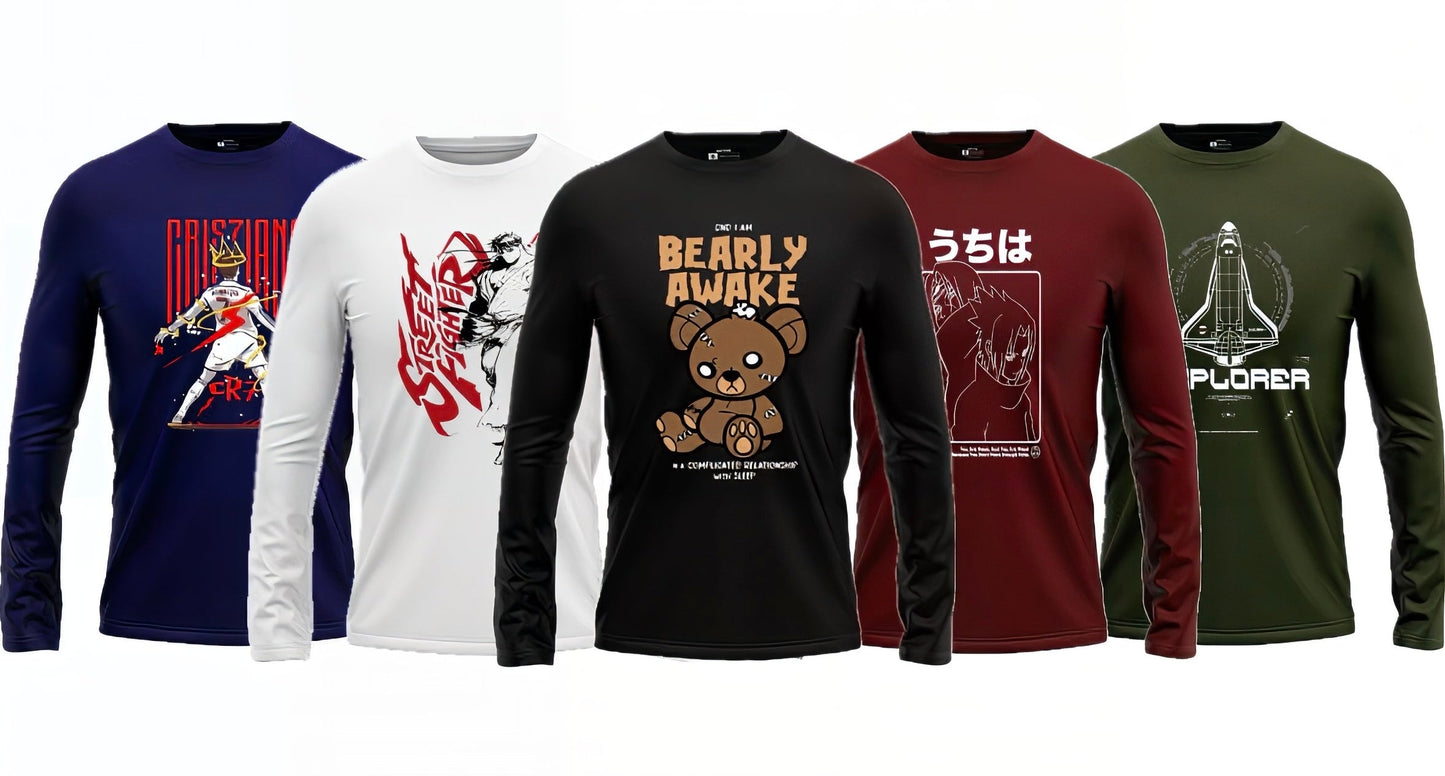 Pack of 5 Round Neck Full Sleeves Printed T-shirts
